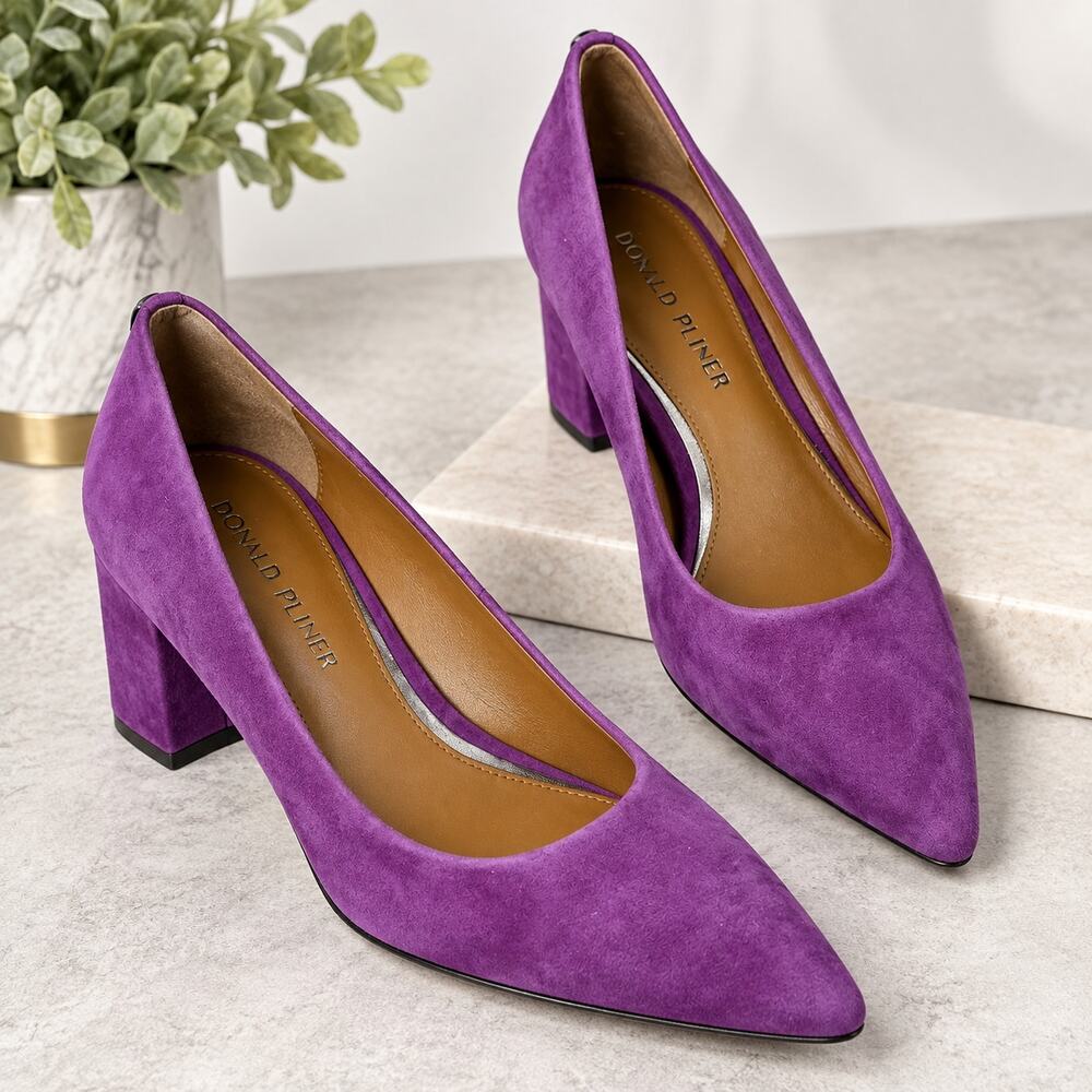 Donald Pliner Womens 8.5M Purple Suede Pointed Toe Block Heel Pumps Leather